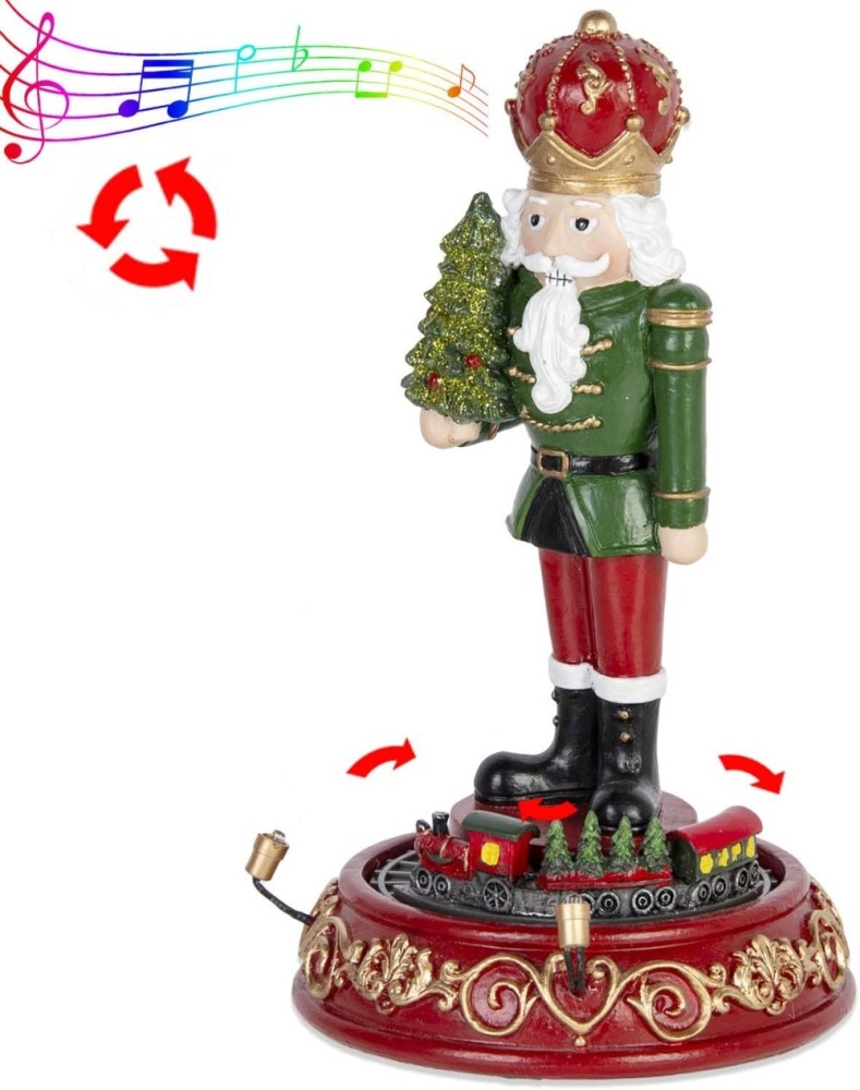 Christmas Gingerbread Nutcracker Collection Figurines, Animated Rotating Train Tiered Nutcracker Decor with LED Light, Indoor Winter Table Desktop Fireplace Decorations