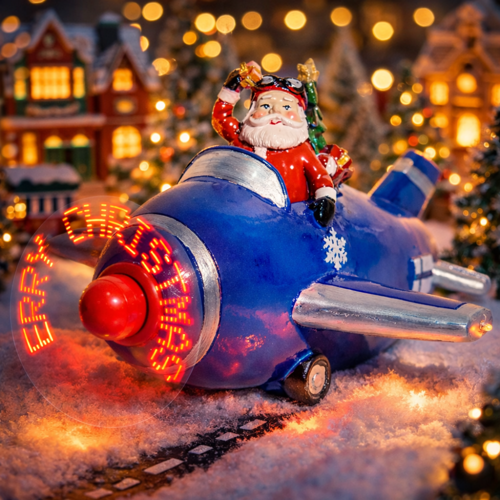 A miniature Christmas village Santa in a blue plane with a glowing red LED propeller displaying 'Merry XMAS' in a snowy winter town scene.