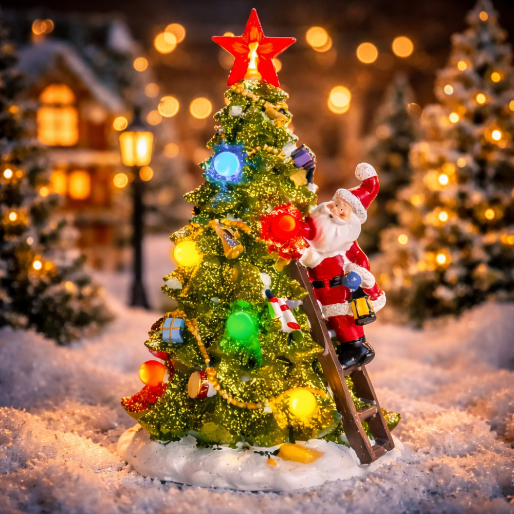 A miniature glittery Christmas village tree with Santa Claus climbing a ladder, featuring glowing multi-colored LED lights and a red star topper in a snowy night scene.