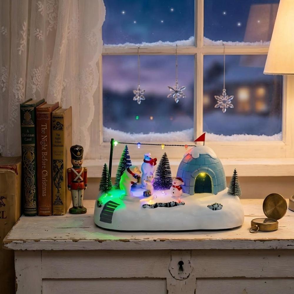 Wholesale innodept12 animated polar bear igloo village with rotating figurines and multi-color LED string lights.