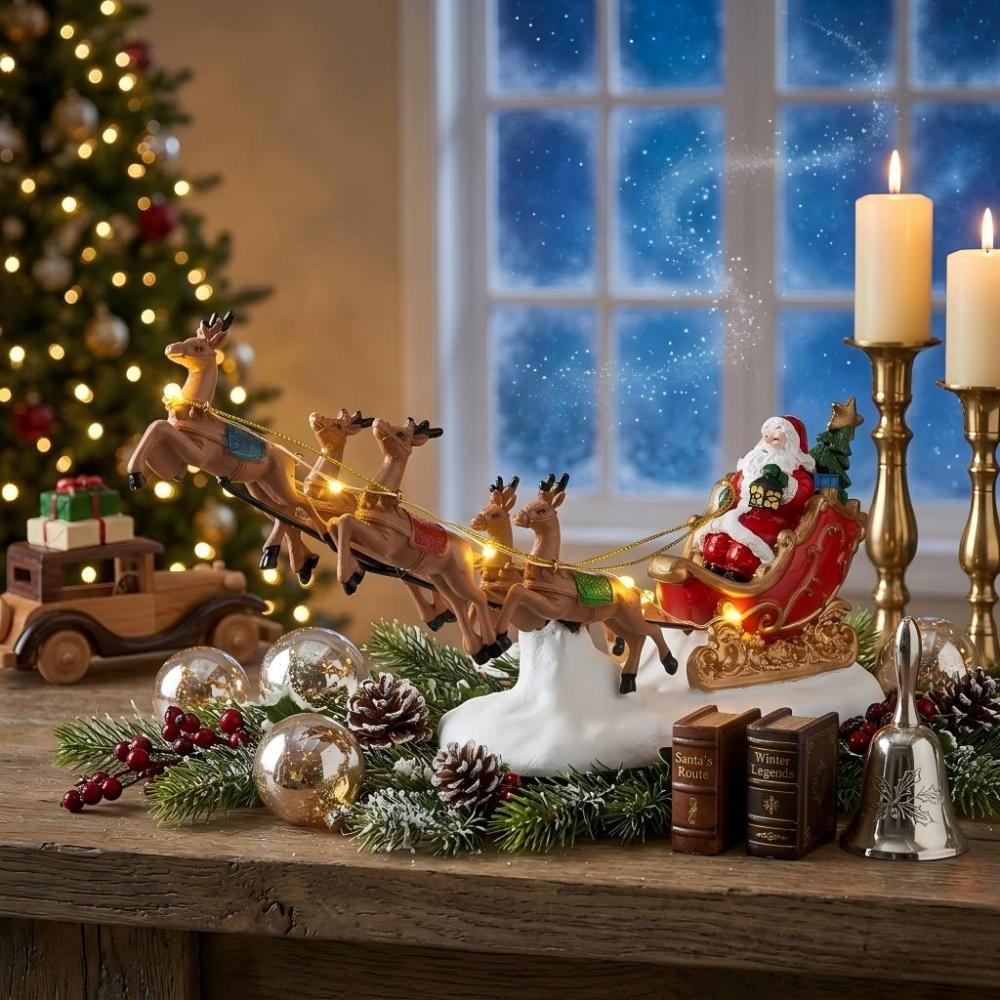 Wholesale innodept12 LED lighted Christmas reindeer sleigh car resin figurine for holiday tabletop display.