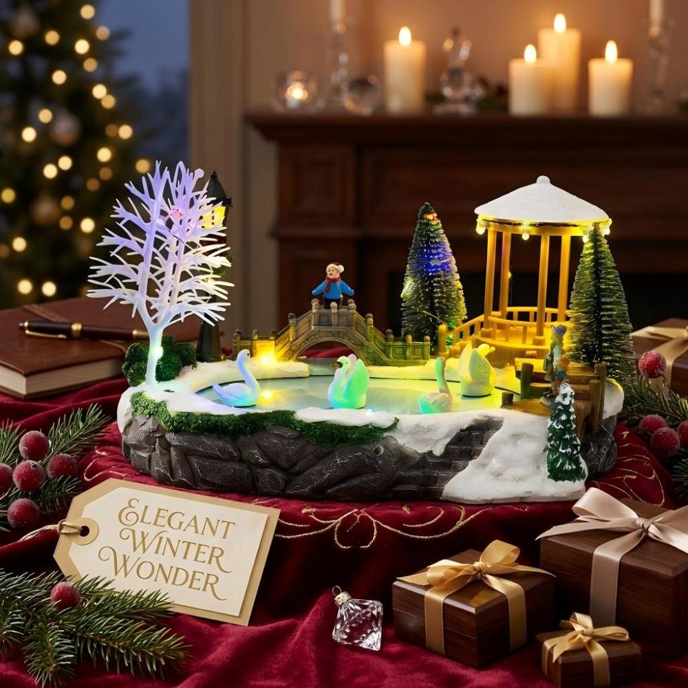 Wholesale innodept12 animated Christmas swan pond featuring LED lights, festive music, and rotating miniature swans.