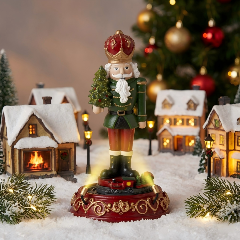 A regal nutcracker musical figurine holding a glittery Christmas tree, featuring a rotating miniature train at the base with spotlights, set in a snowy Christmas village scene.