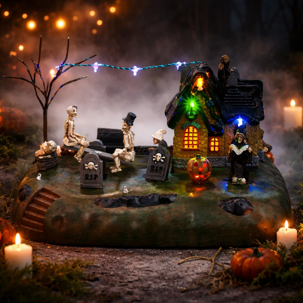 Wholesale innodept12 Halloween see-saw cemetery building with animated skeletons and spooky LED lighted tombstones.