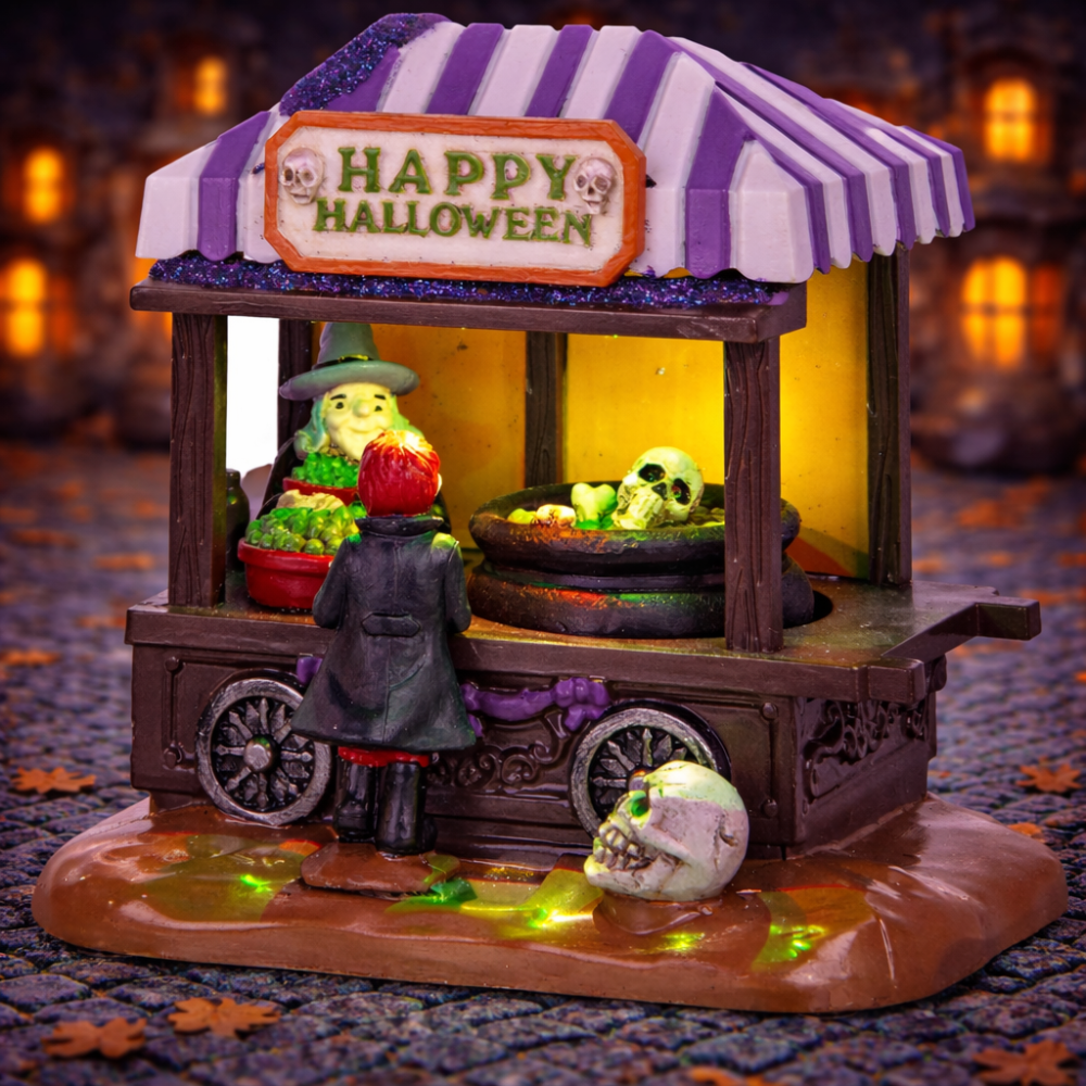 Wholesale innodept12 Halloween witch's stall shop with purple striped roof and LED lighted cauldron with skull.