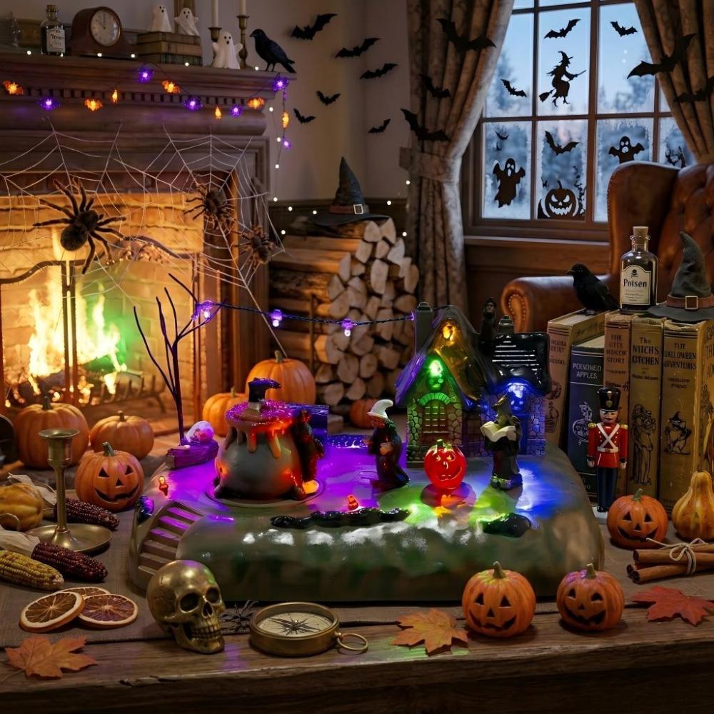 Wholesale innodept12 animated Halloween witch cauldron set with spooky LED lights and rotating witch figurines.