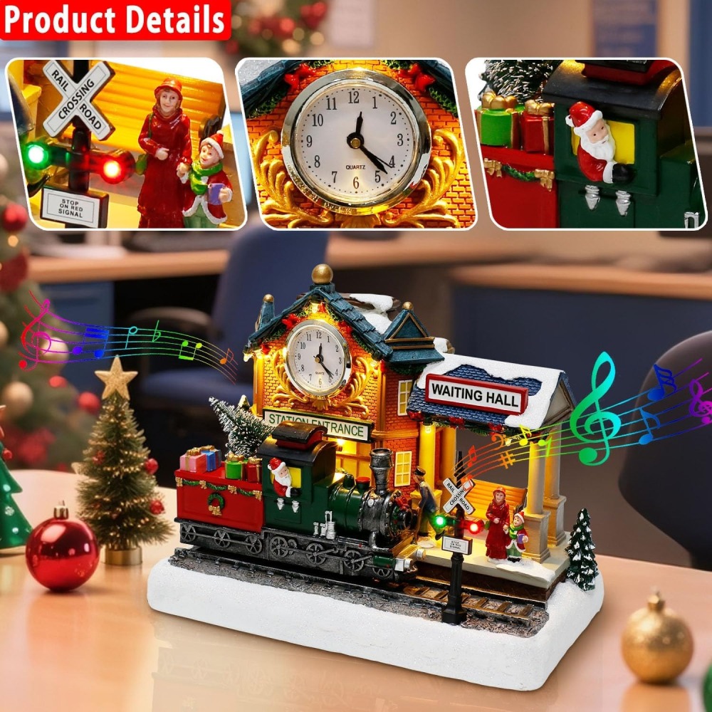Christmas Animated Train Station Tabletop Décor – Lighted Building with Clock, Music, LED Lights, Moving Train – Christmas Village Indoor Display