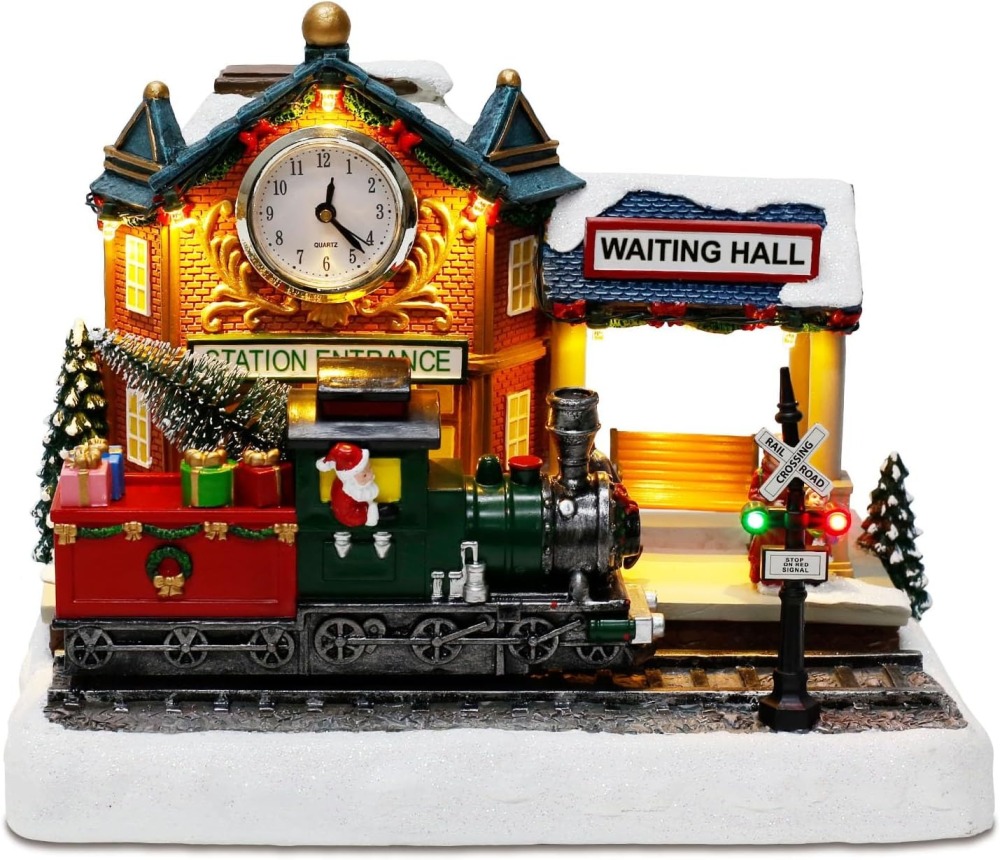 Christmas Animated Train Station Tabletop Décor – Lighted Building with Clock, Music, LED Lights, Moving Train – Christmas Village Indoor Display
