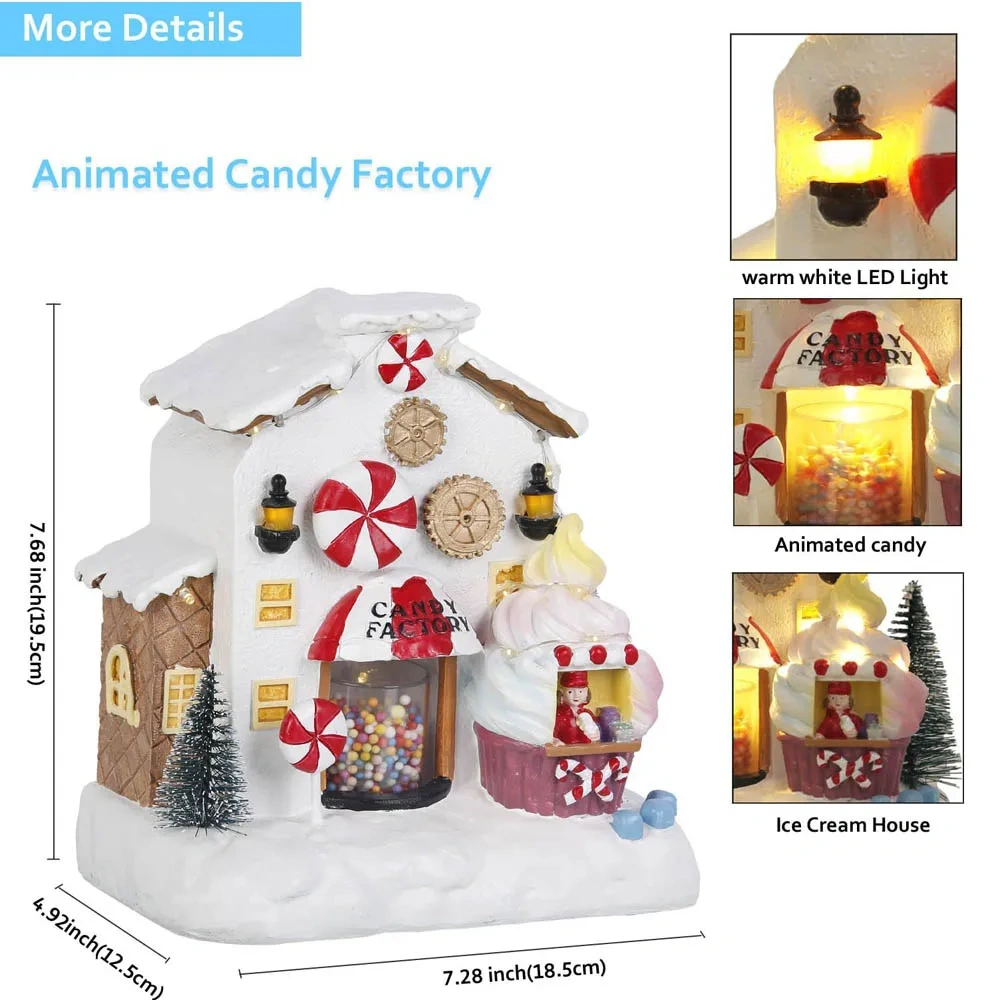 Christmas Village Gingerbread House Warm LED Lights Up Candy Factory Battery Operate Figurine Building Christmas Home Decoration
