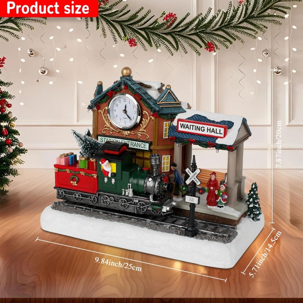Christmas Animated Train Station Tabletop Décor – Lighted Building with Clock, Music, LED Lights, Moving Train – Christmas Village Indoor Display