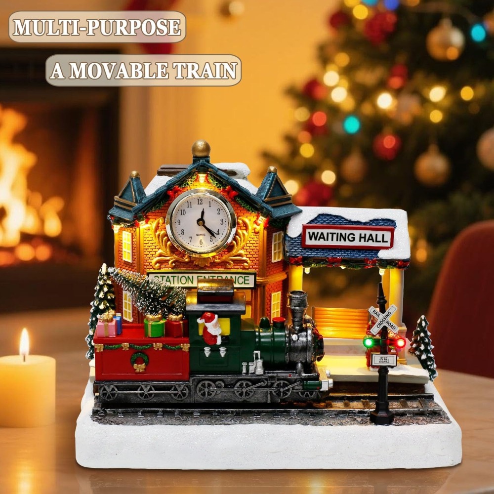 Christmas Animated Train Station Tabletop Décor – Lighted Building with Clock, Music, LED Lights, Moving Train – Christmas Village Indoor Display