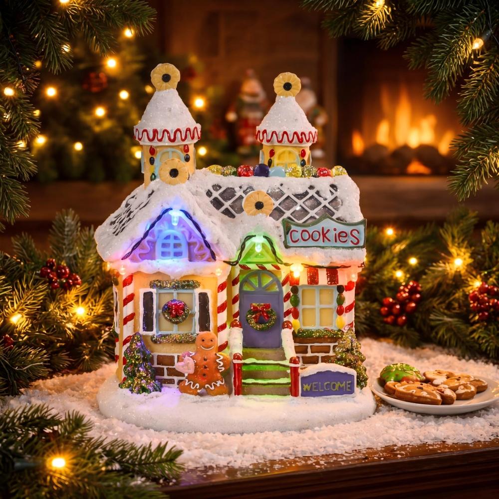Lit gingerbread cookie shop Christmas village building on mantelpiece.