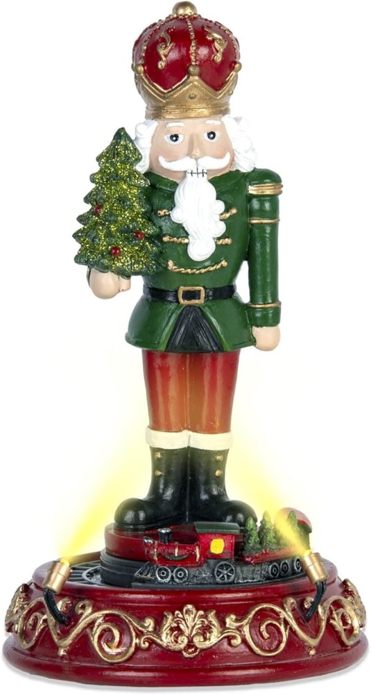 Christmas Gingerbread Nutcracker Collection Figurines, Animated Rotating Train Tiered Nutcracker Decor with LED Light, Indoor Winter Table Desktop Fireplace Decorations