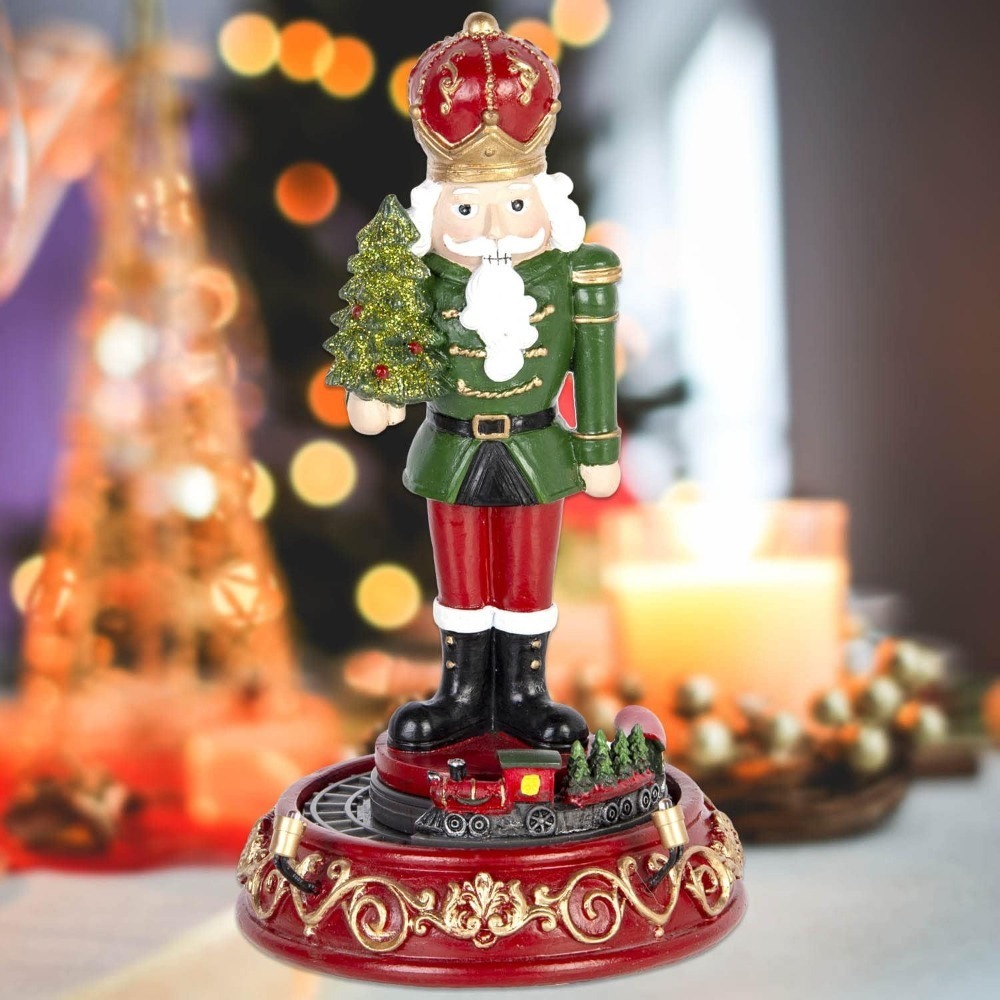Christmas Gingerbread Nutcracker Collection Figurines, Animated Rotating Train Tiered Nutcracker Decor with LED Light, Indoor Winter Table Desktop Fireplace Decorations