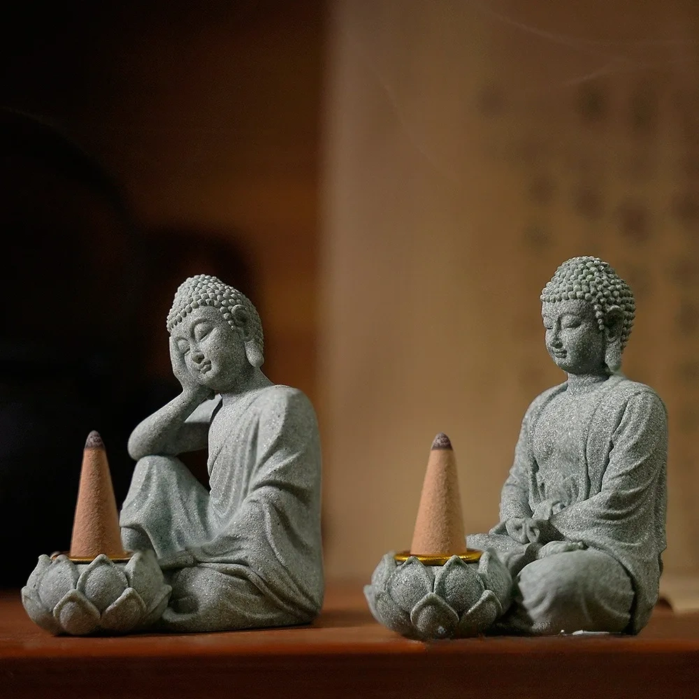 Meditating Buddha lotus cone incense holder for Zen home decor.