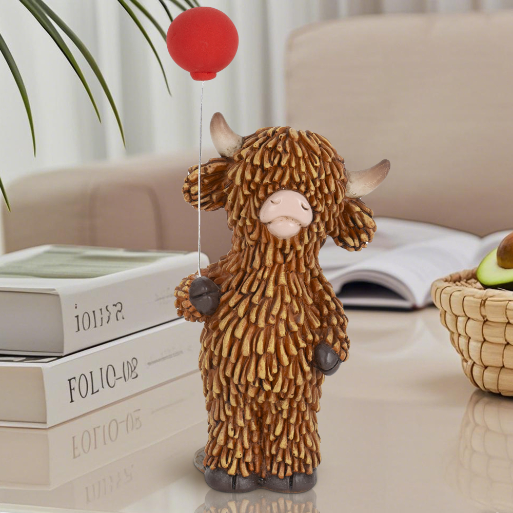 Cute Highland Cow Figurine with Red Balloon – Resin Desk Decor Statue