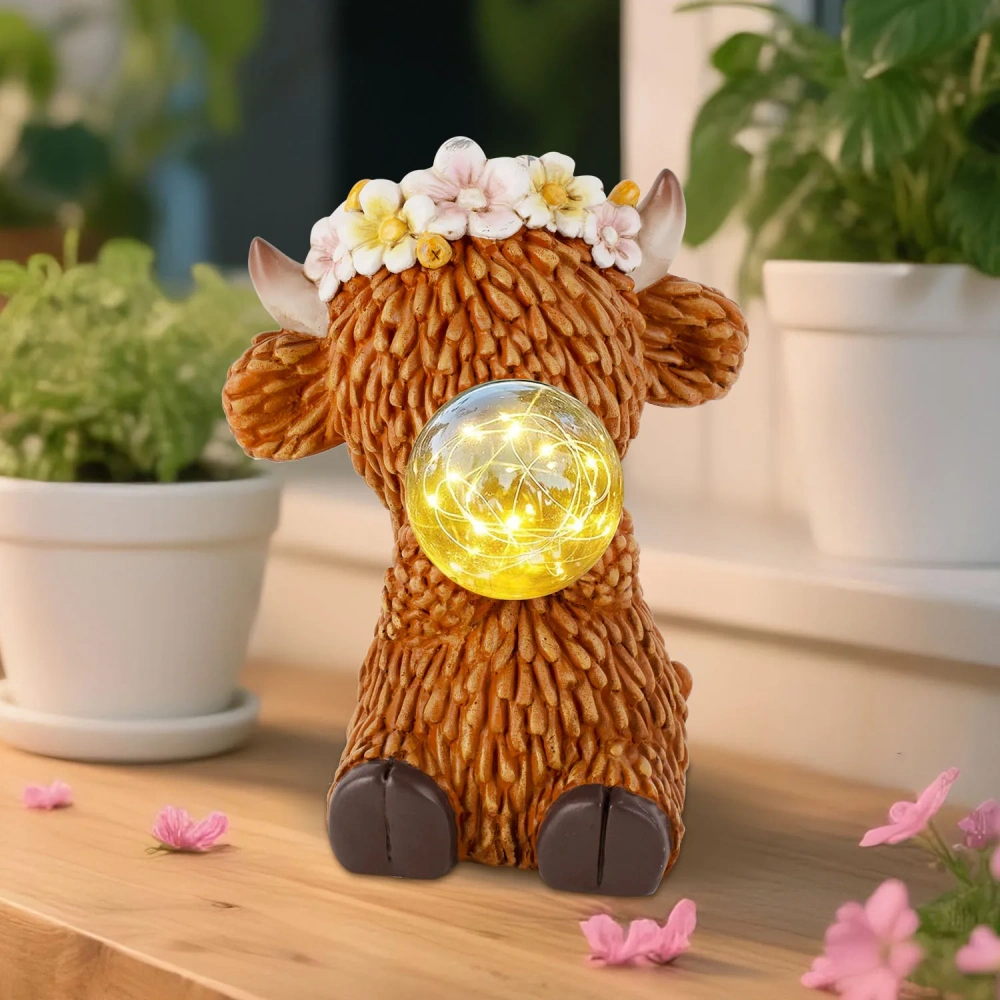 Solar Highland Cow Garden Statue Holding LED Globe for Outdoor Patio Lawn and Garden Decor