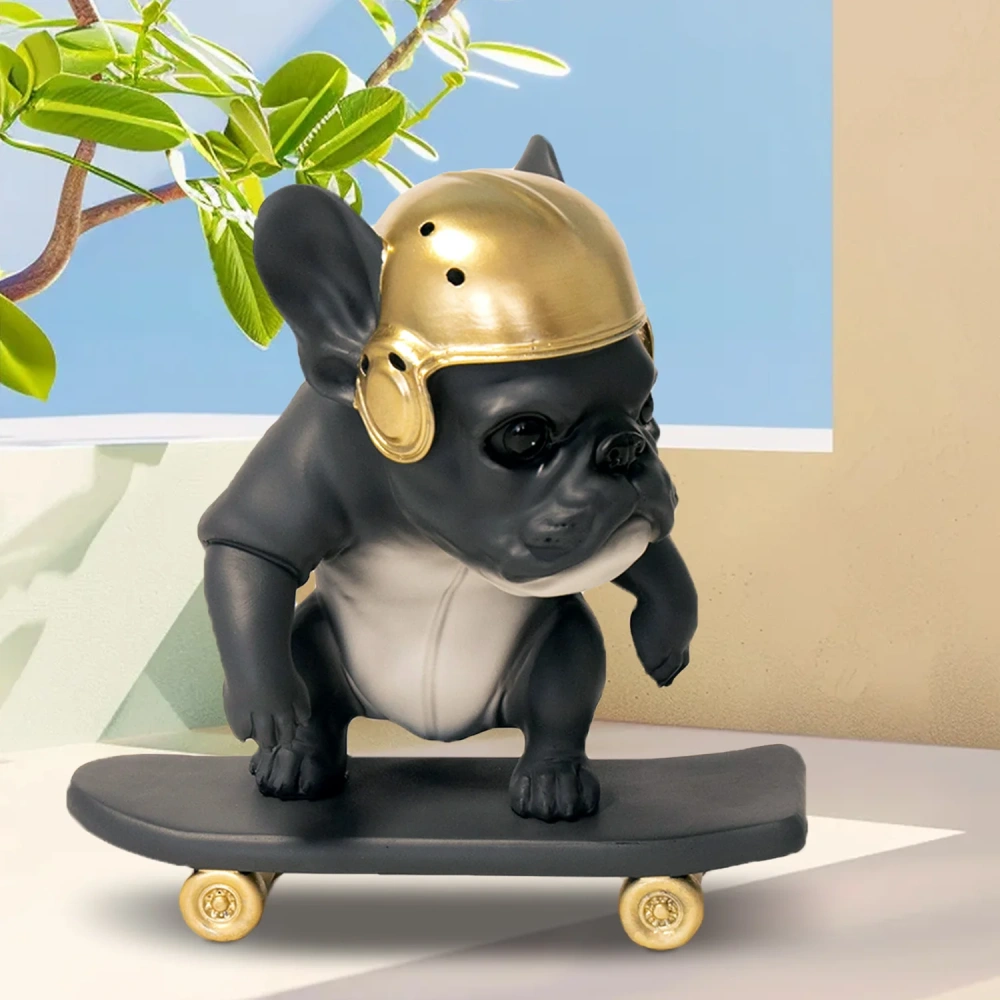 Basketball and skateboard French Bulldog resin figurines, modern black Frenchie statues for desk, bookshelf, office and home décor