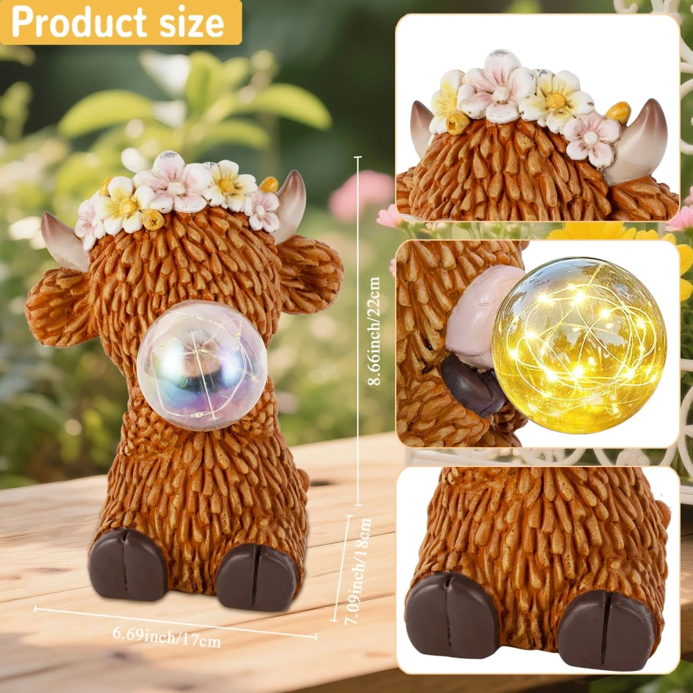 Solar Highland Cow Gnome Garden Decor Statue Outdoor Funny Light Decoration for Yard Patio Lawn Table Unique Housewarming