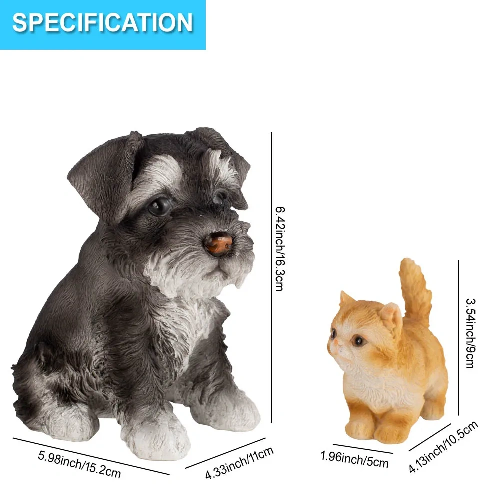 Realistic Resin Schnauzer Puppy and Cat Figurine Set Garden Micro Landscape Decoration Animal Sculptures for Garden Home Desk