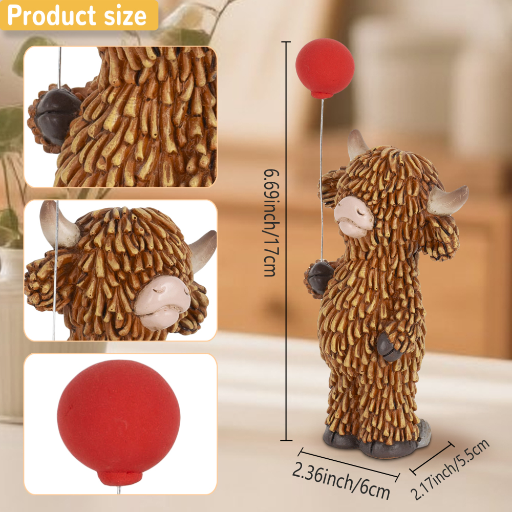 Cute Highland Cow Figurine with Red Balloon – Resin Desk Decor Statue