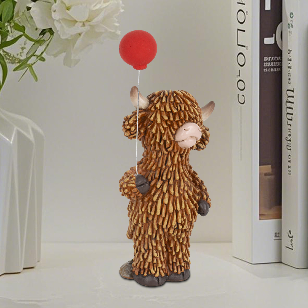 Cute Highland Cow Figurine with Red Balloon – Resin Desk Decor Statue