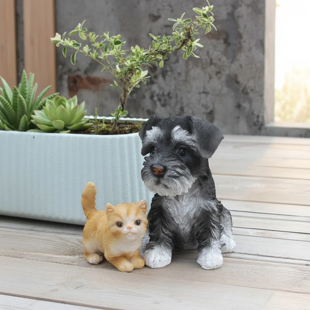 Realistic Resin Schnauzer Puppy and Cat Figurine Set Garden Micro Landscape Decoration Animal Sculptures for Garden Home Desk