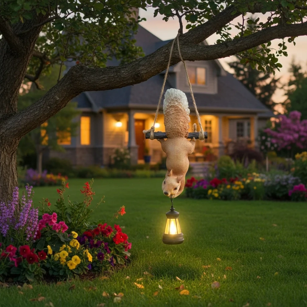 Hanging squirrel solar lantern statue upside down on a tree branch in a backyard garden