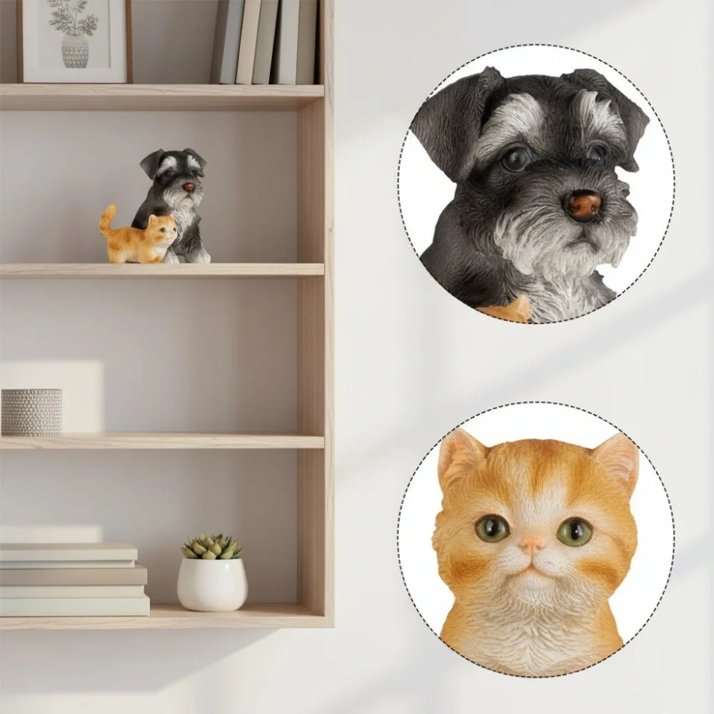 Realistic Resin Schnauzer Puppy and Cat Figurine Set Garden Micro Landscape Decoration Animal Sculptures for Garden Home Desk