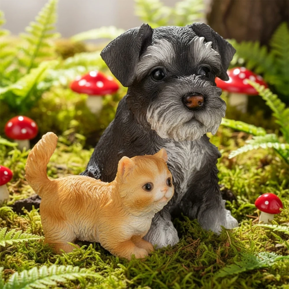 Mini Schnauzer and ginger kitten resin figurine set for fairy garden, bookshelf, desk and home decor, realistic dog and cat statues