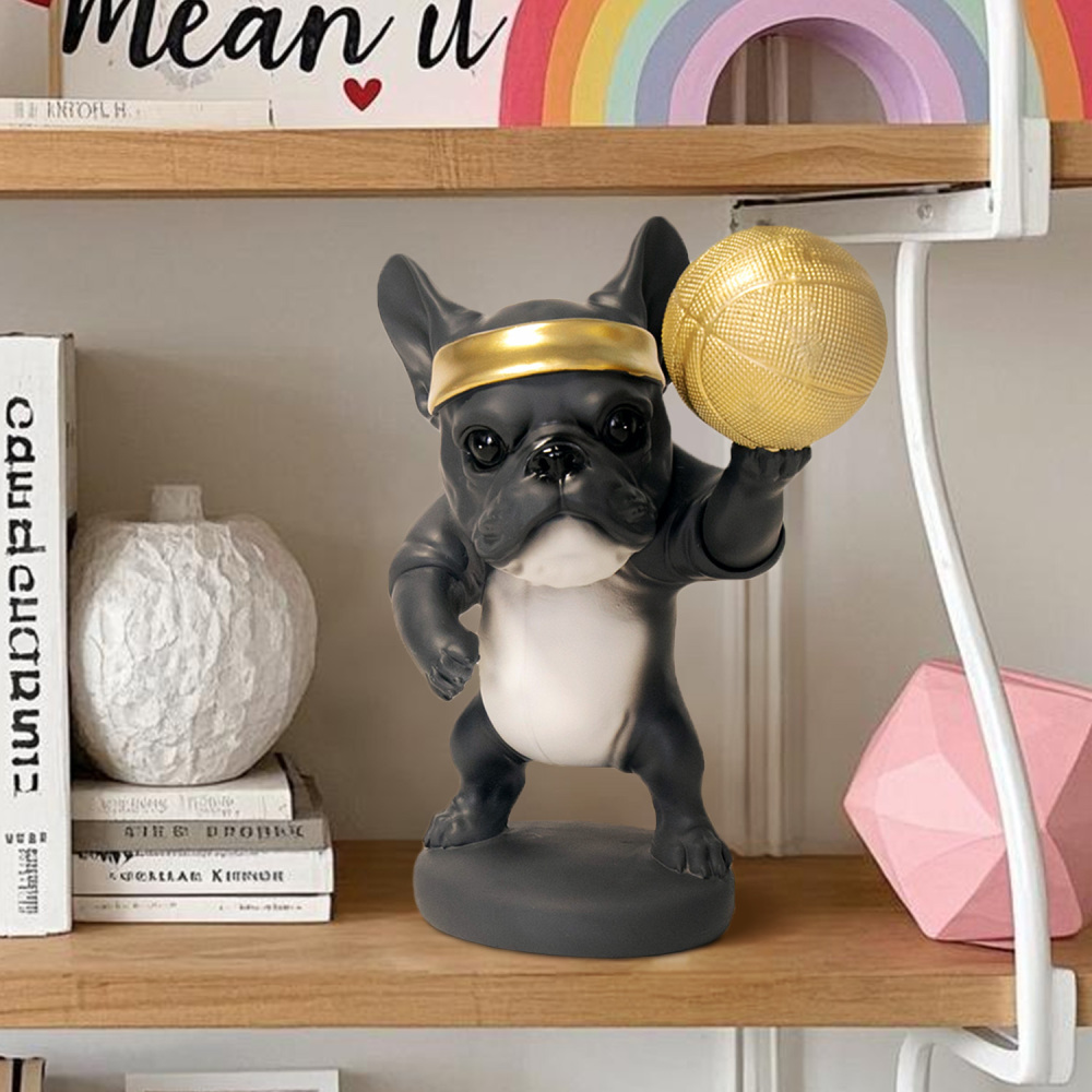 Basketball and skateboard French Bulldog resin figurines, modern black Frenchie statues for desk, bookshelf, office and home décor