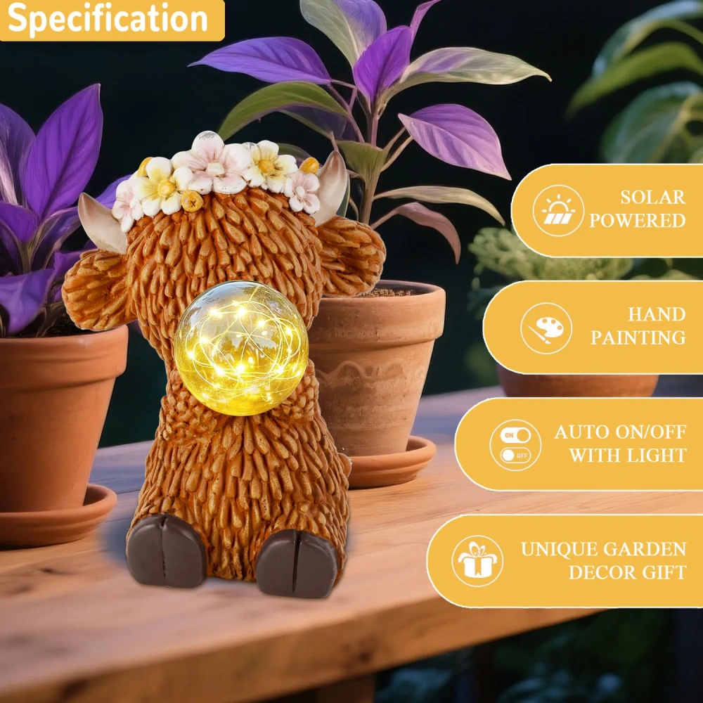 Solar Highland Cow Gnome Garden Decor Statue Outdoor Funny Light Decoration for Yard Patio Lawn Table Unique Housewarming