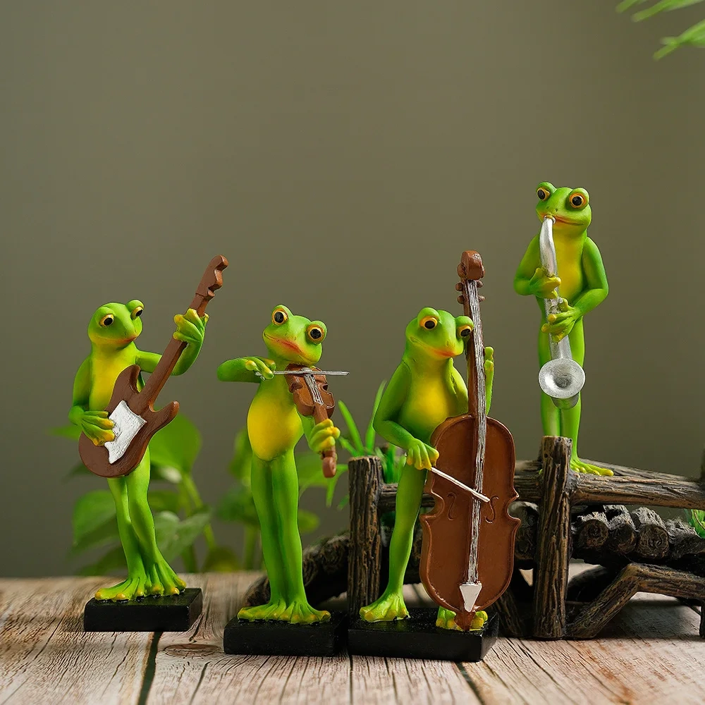 Funny resin musical frog figurine playing bass, violin, cello or saxophone, whimsical fairy garden frog statue for patio, bookshelf and desk décor