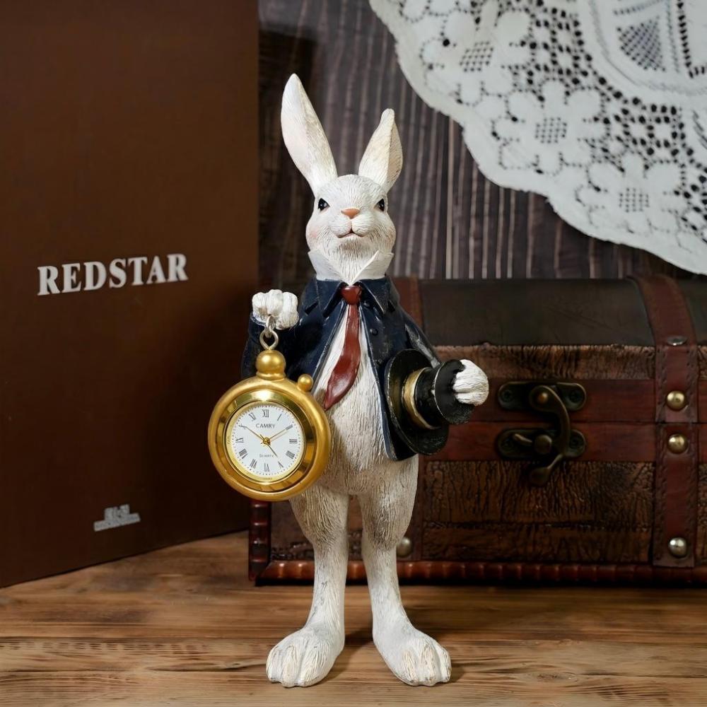 White rabbit pocket watch figurine resin statue for vintage home decor.