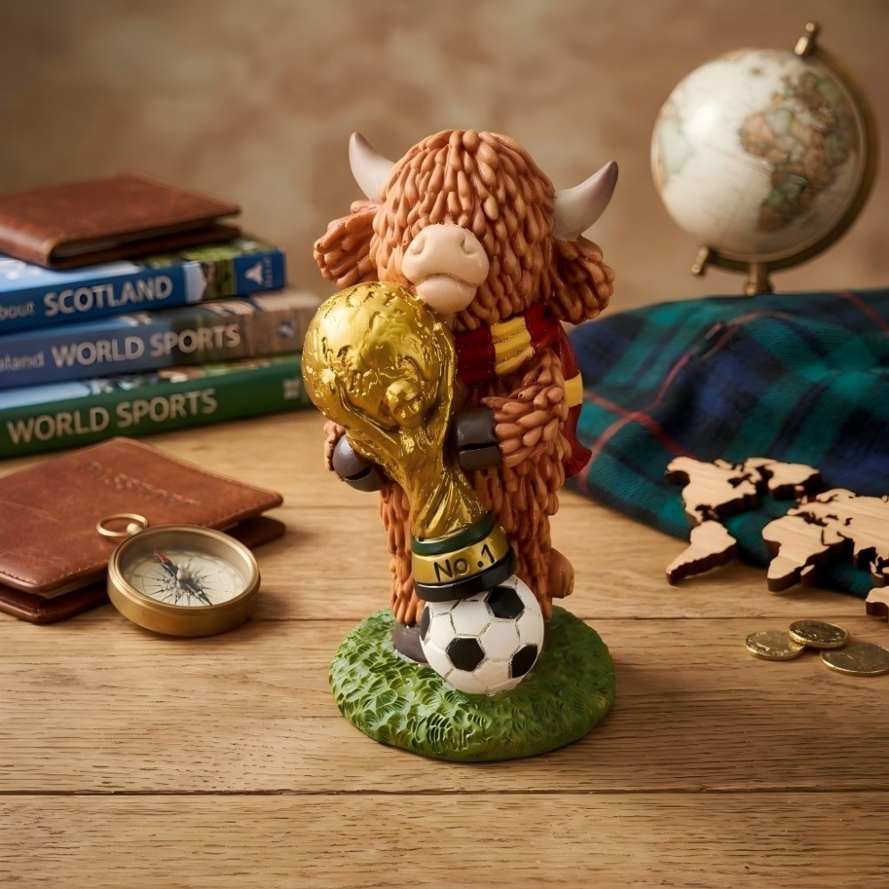 Champion Highland Cow Football Trophy Figurine Holding Golden Soccer Trophy for Home and Office Decor