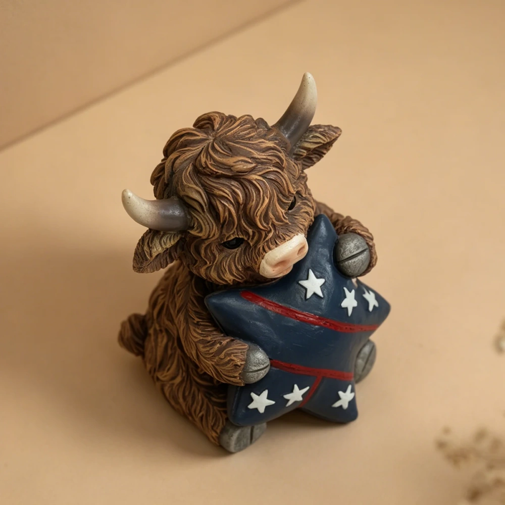 Cute Shaggy Highland Cow Sculpture with American Flag Star Patriotic Independence Day Table Ornament Holiday Housewarming