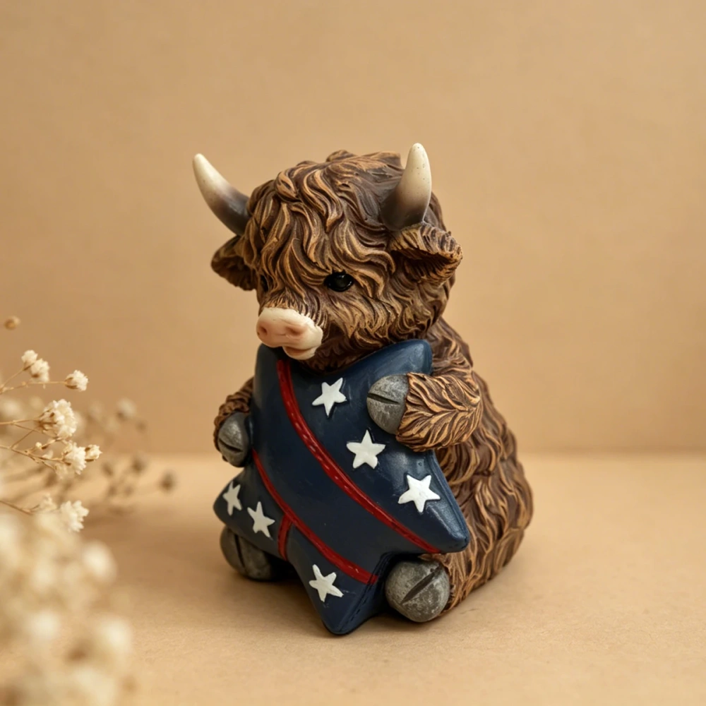 Cute Shaggy Highland Cow Sculpture with American Flag Star Patriotic Independence Day Table Ornament Holiday Housewarming