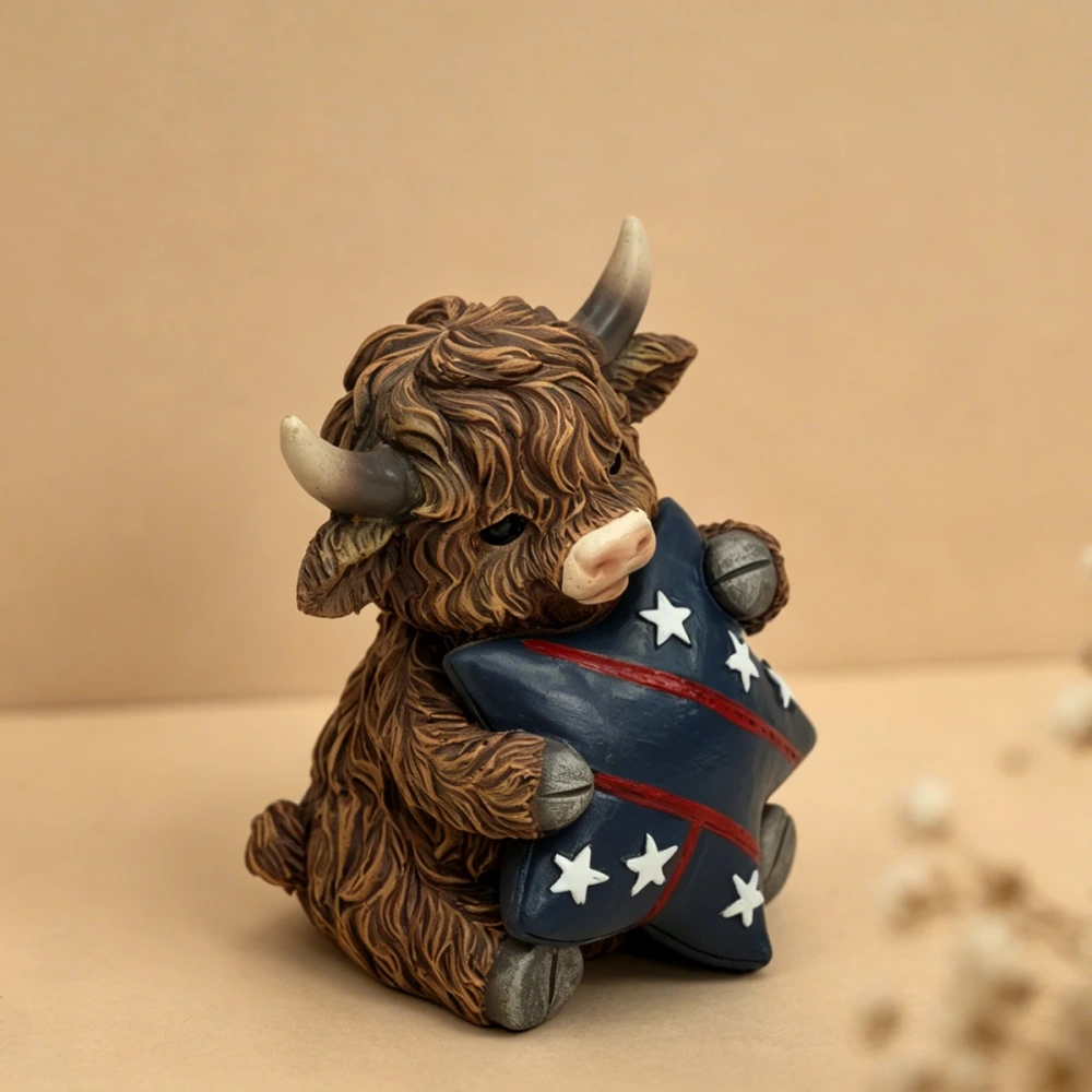 Cute Shaggy Highland Cow Sculpture with American Flag Star Patriotic Independence Day Table Ornament Holiday Housewarming