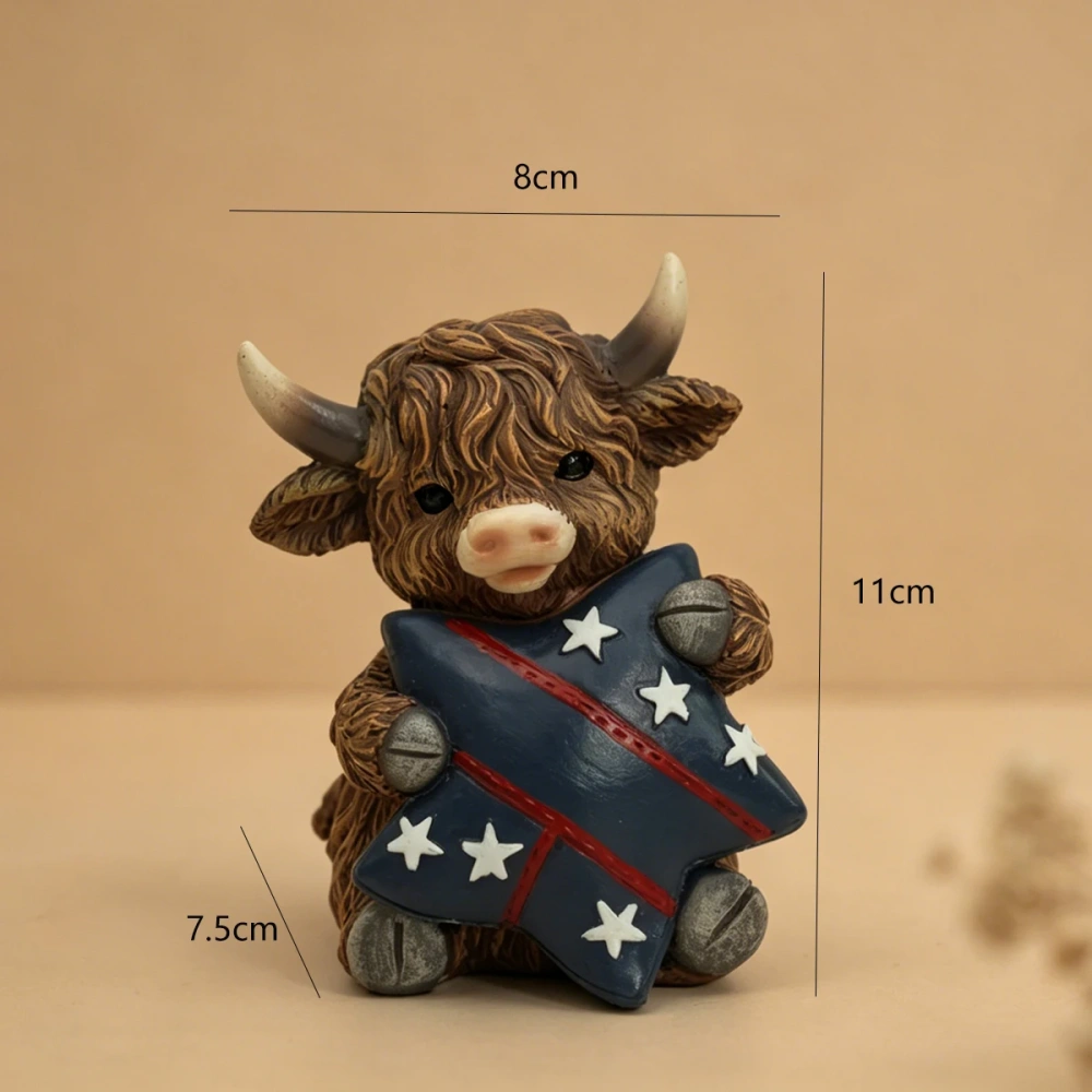 Cute Shaggy Highland Cow Sculpture with American Flag Star Patriotic Independence Day Table Ornament Holiday Housewarming