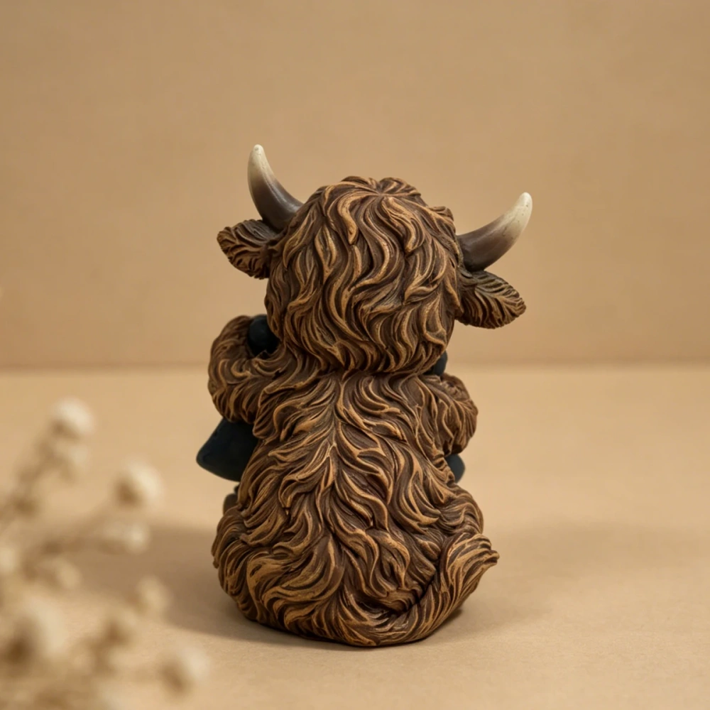 Cute Shaggy Highland Cow Sculpture with American Flag Star Patriotic Independence Day Table Ornament Holiday Housewarming