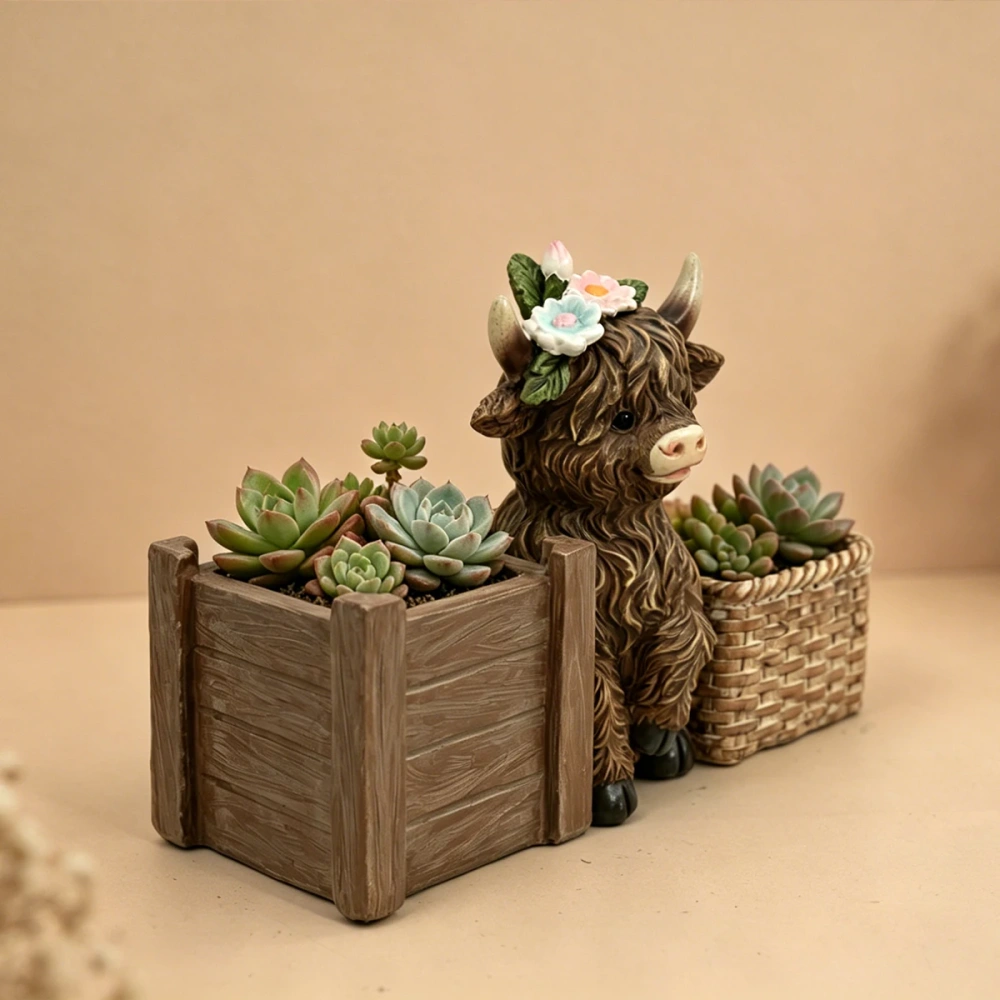 Highland Cow Double Storage Organizer, Resin Figurine with Dual Compartments, Cute Animal Pen Holder for Home Office Desk Decor