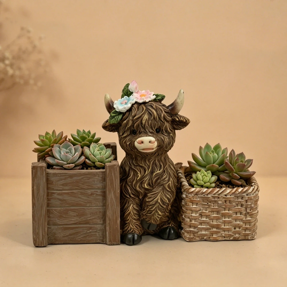 Cute Highland Cow Resin Succulent Planter with Dual Flower Pots