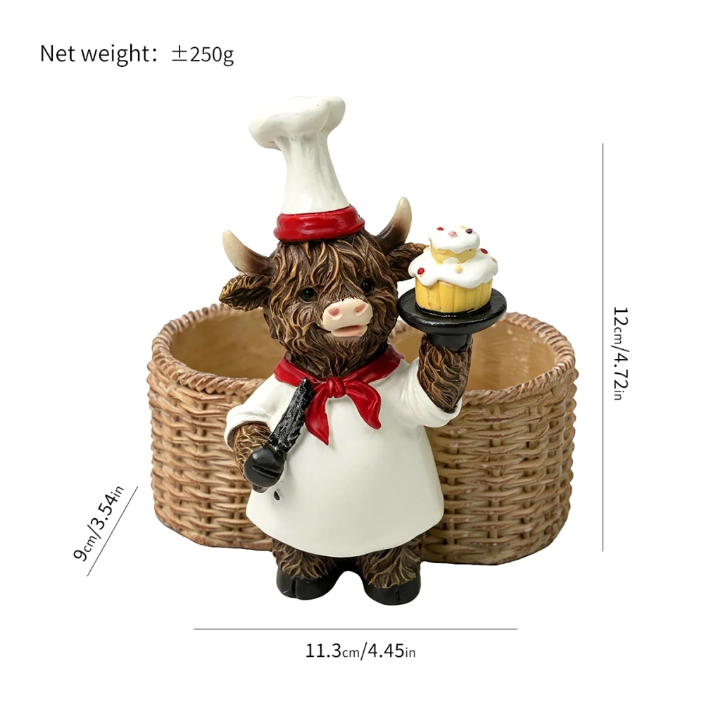 Highland Cow Chef Resin Dual Storage Caddy Cute Baker Cow Figurine Imitation Rattan Basket Salt Pepper Shaker Holder Pen Holder