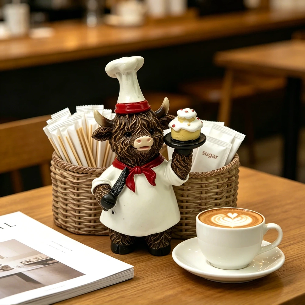 Highland Cow Chef Resin Dual Storage Caddy Cute Baker Cow Figurine Imitation Rattan Basket Salt Pepper Shaker Holder Pen Holder