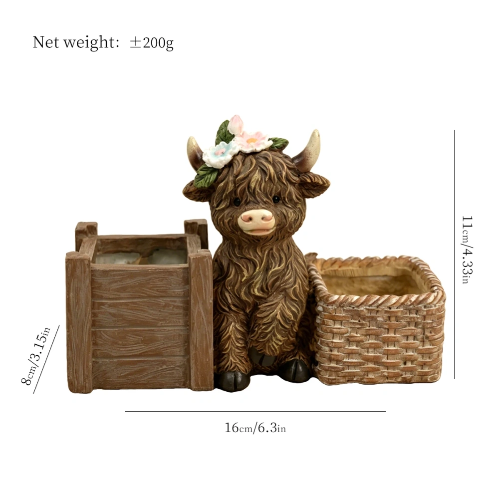 Highland Cow Double Storage Organizer, Resin Figurine with Dual Compartments, Cute Animal Pen Holder for Home Office Desk Decor