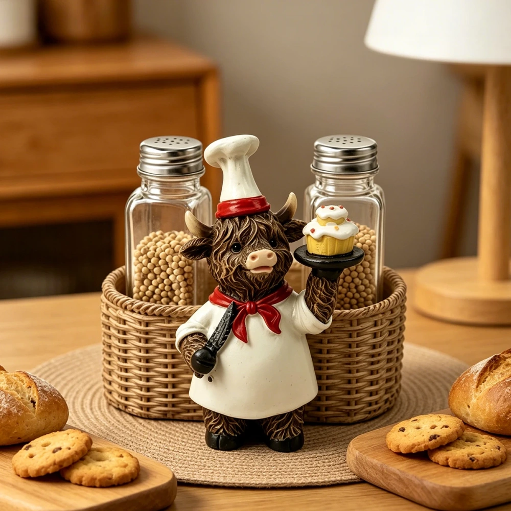 Highland Cow Chef Resin Dual Storage Caddy Cute Baker Cow Figurine Imitation Rattan Basket Salt Pepper Shaker Holder Pen Holder