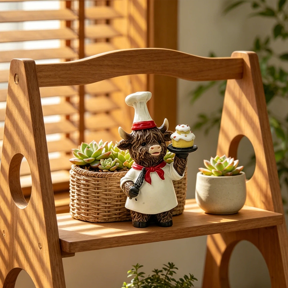 Highland Cow Chef Resin Dual Storage Caddy Cute Baker Cow Figurine Imitation Rattan Basket Salt Pepper Shaker Holder Pen Holder