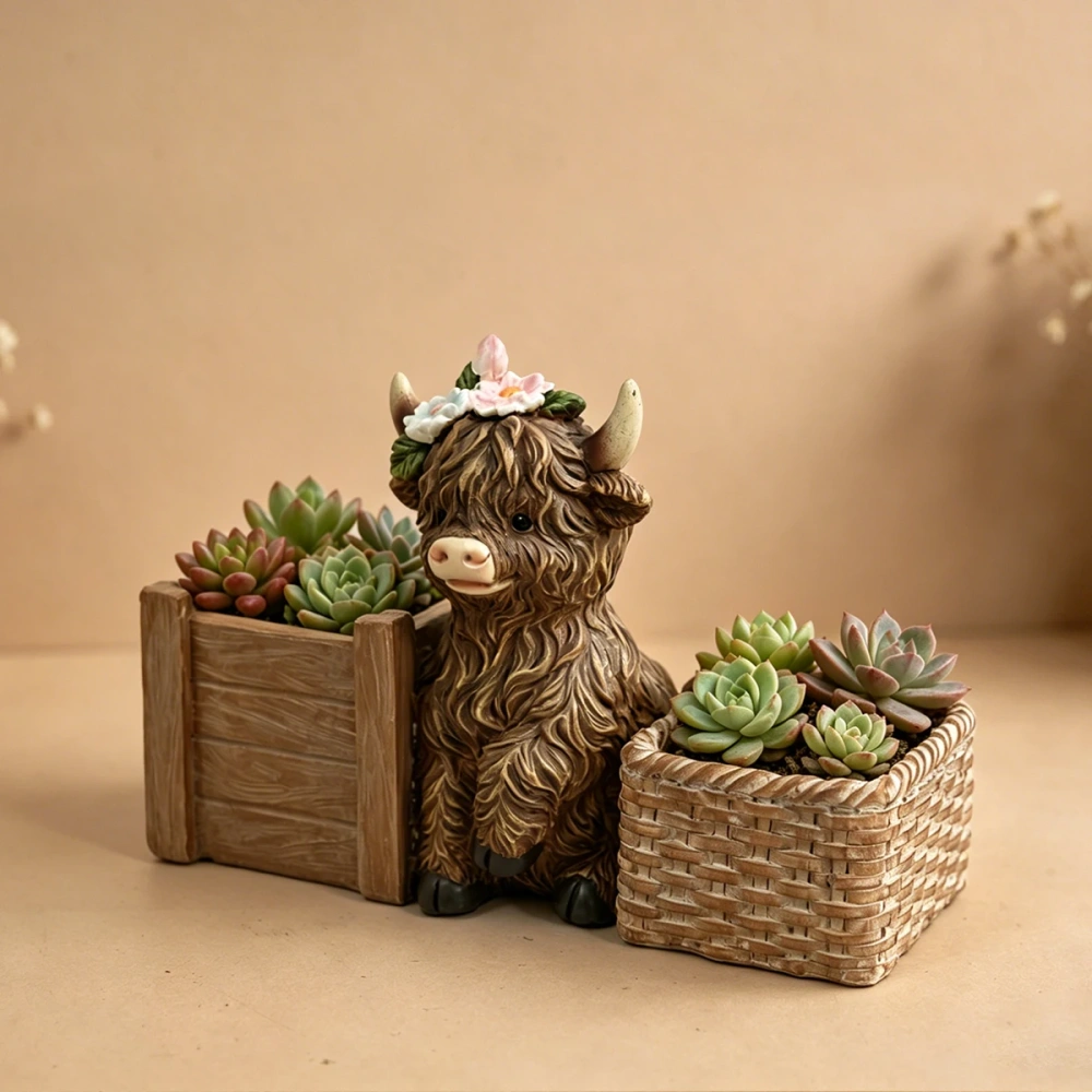 Highland Cow Double Storage Organizer, Resin Figurine with Dual Compartments, Cute Animal Pen Holder for Home Office Desk Decor