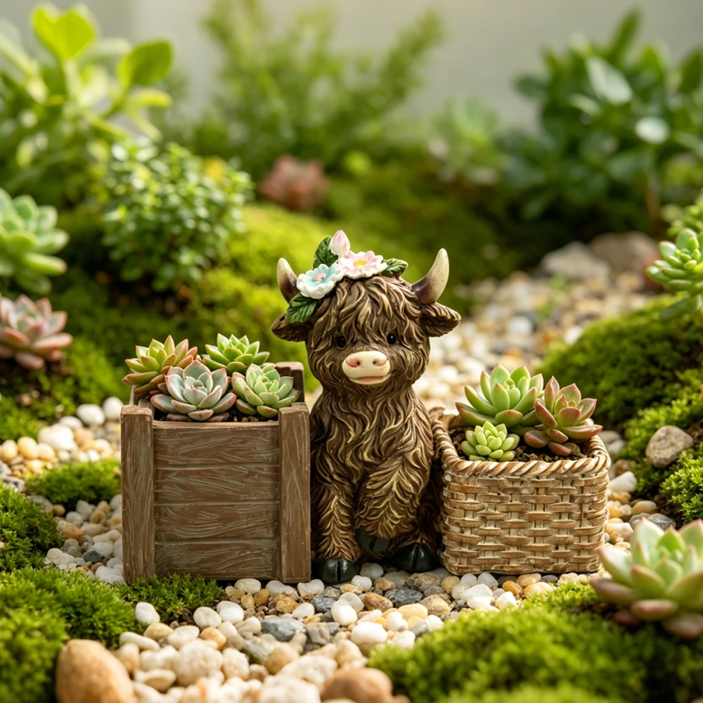 Highland Cow Double Storage Organizer, Resin Figurine with Dual Compartments, Cute Animal Pen Holder for Home Office Desk Decor