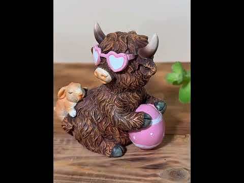 Highland Cow Holding Easter Egg Figurine with Bunny Spring Garden Decor